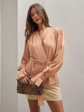 Women Elegant Lantern Long Sleeve Coral/Salmon Orange Business Casual Work Blouse With Belt For Daily Commute FAll